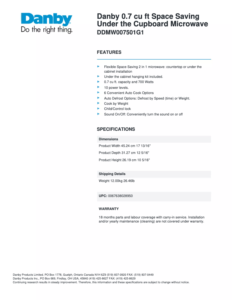 Página 1 del manual Ficha técnica Danby DDMW007501G1