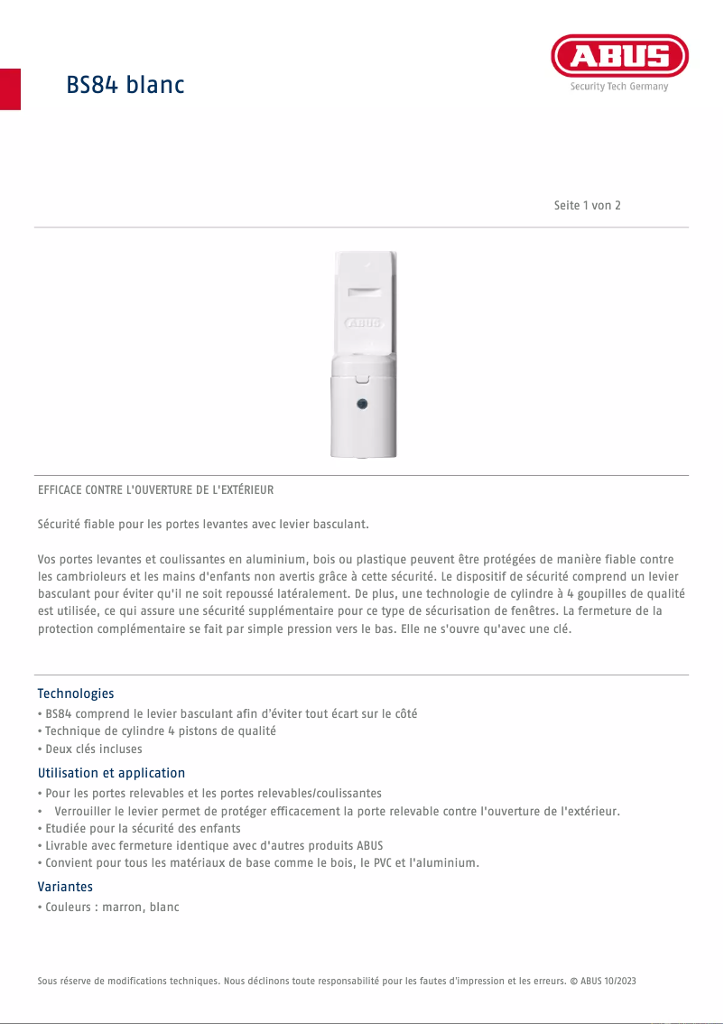 Página 1 del manual Ficha técnica Abus BS84