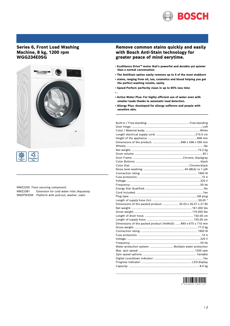 Página 1 del manual Ficha técnica Bosch WGG234E0SG