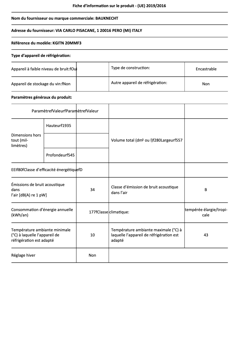 Página 1 del manual Ficha técnica Bauknecht KGITN 20MMF3