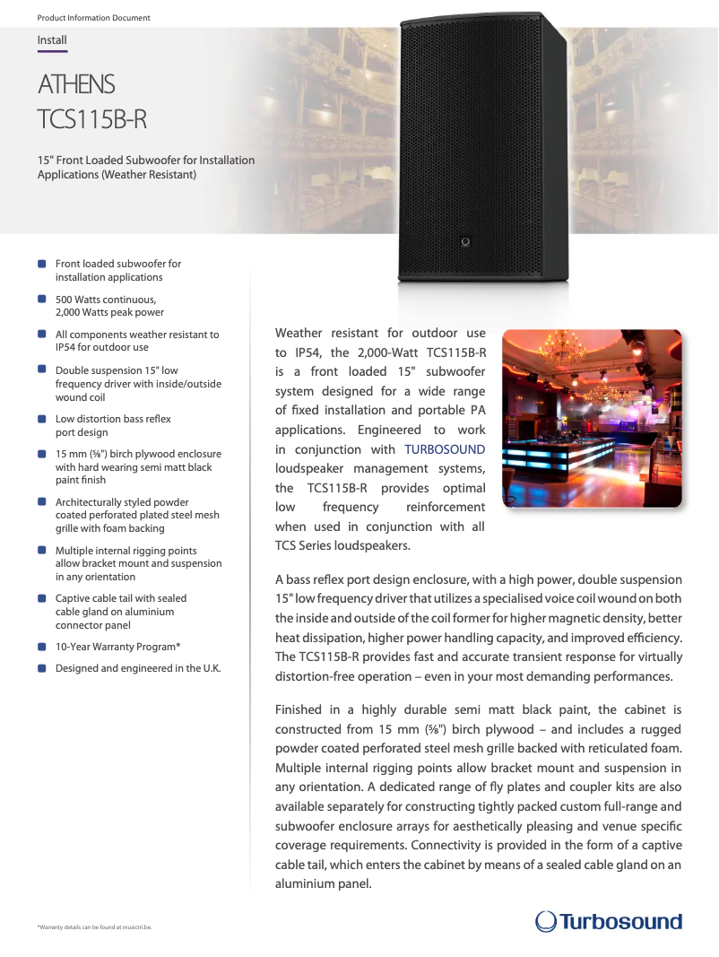 Página 1 del manual Ficha técnica Turbosound Athens TCS115B-R