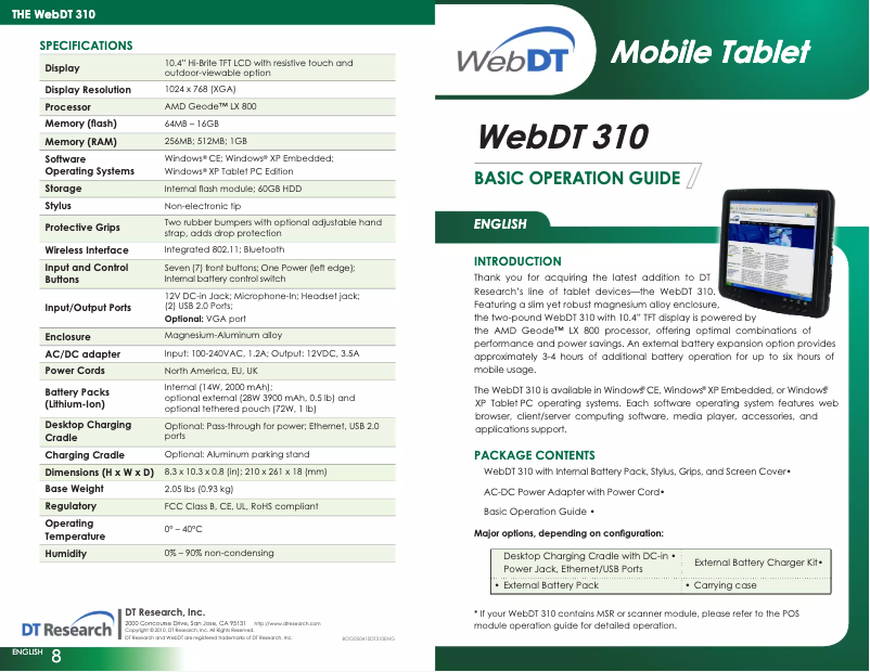 Imagen de la primera página del manual del dispositivo WebDT 310