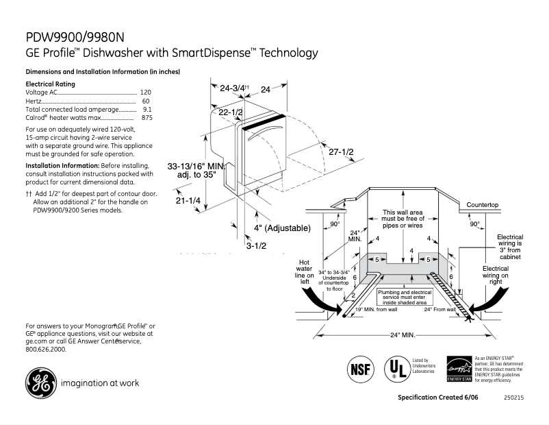 Página 1 del manual Ficha técnica GE Profile PDW9900NWW