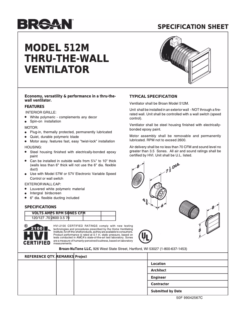 Página 1 del manual Ficha técnica Broan 512M