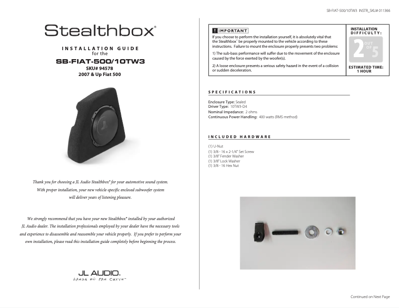 Página nº 1 - Manual de usuario JL Audio Stealthbox SB-FIAT-500/10TW3