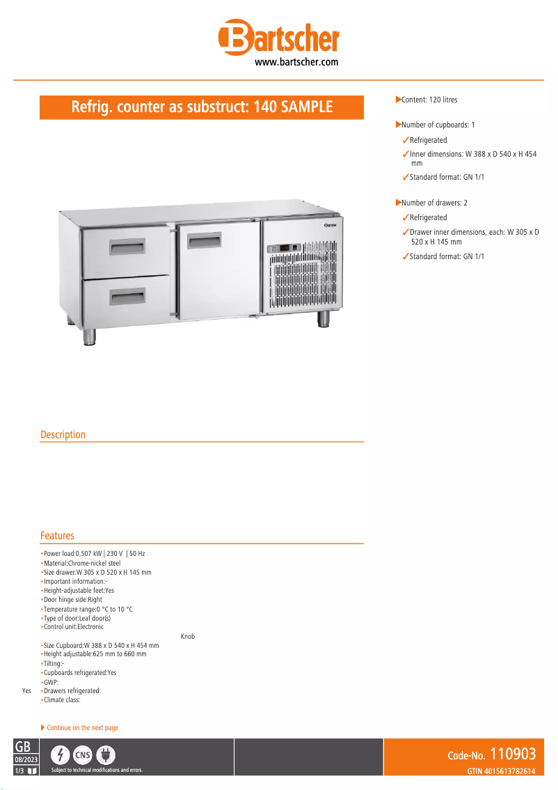 Página 1 del manual Ficha técnica Bartscher 1400T1S2