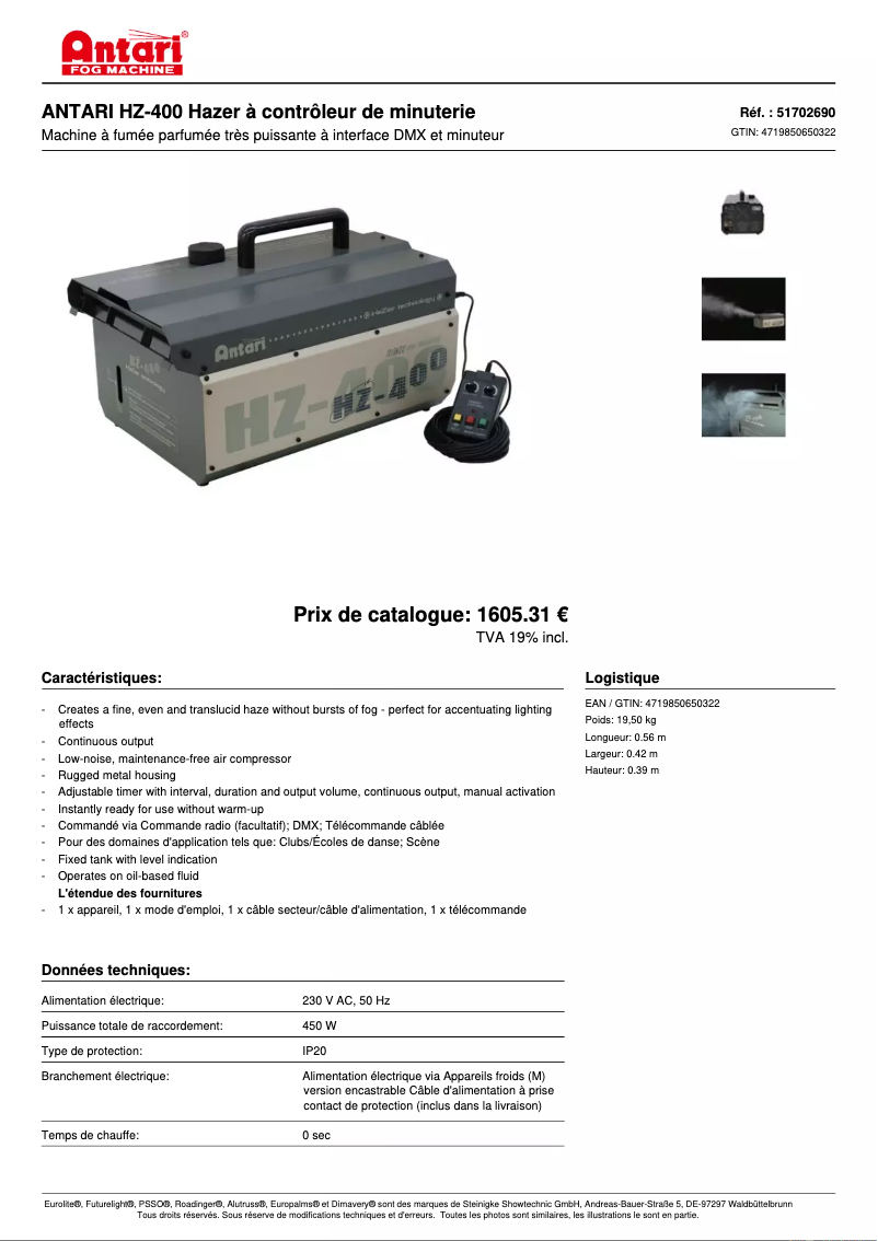 Página 1 del manual Ficha técnica Antari HZ-400