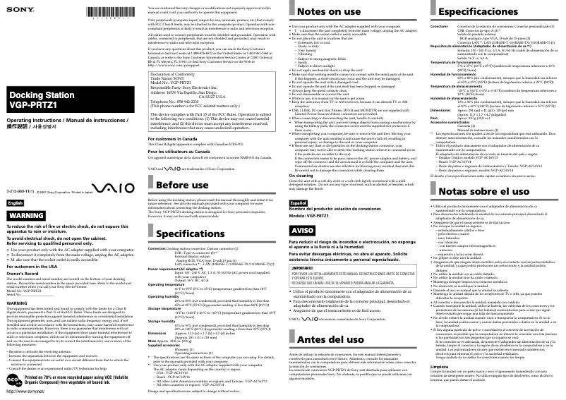 Página 1 del manual Manual de usuario Sony VGP-PRTZ1