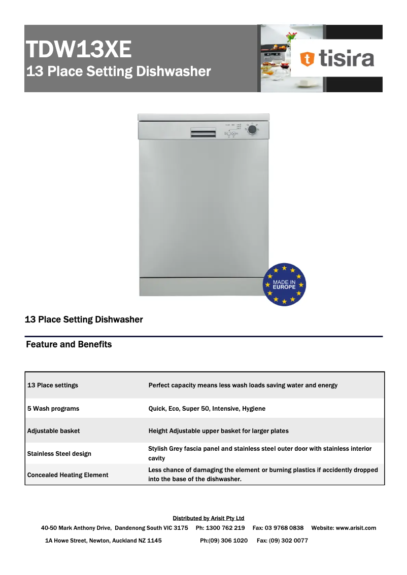 Página 1 del manual Ficha técnica Tisira TDW13XE