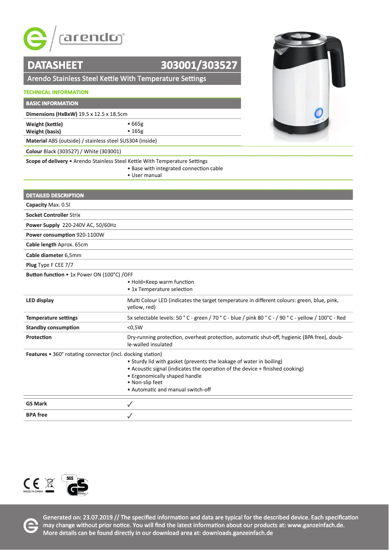 Página 1 del manual Ficha técnica Arendo 303527