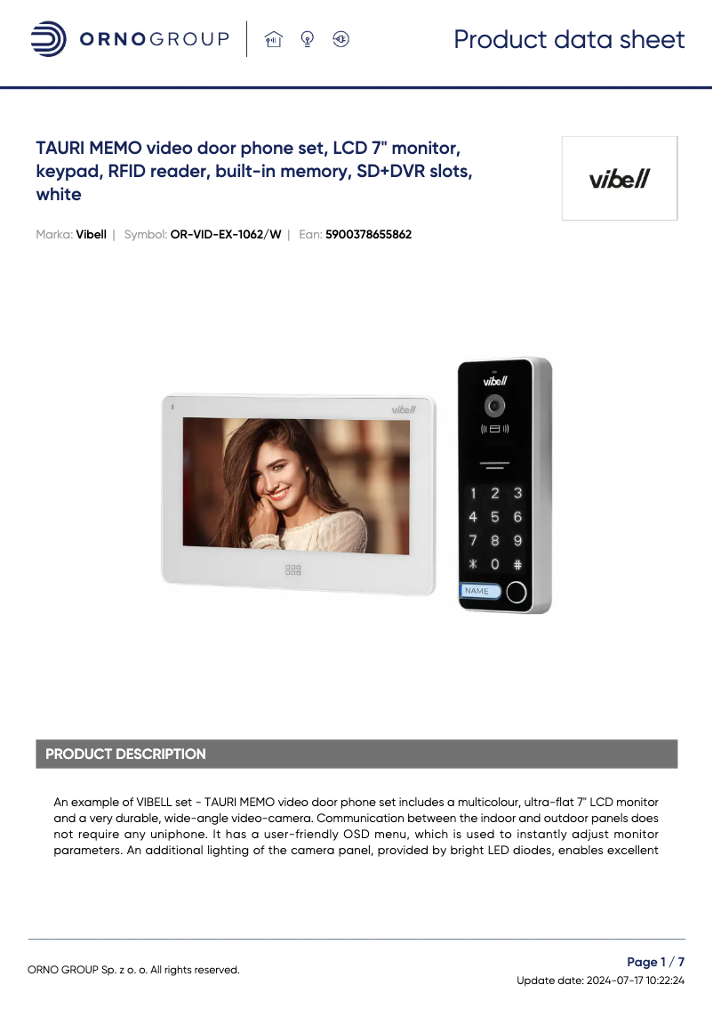 Página 1 del manual Ficha técnica Vibell OR-VID-EX-1062