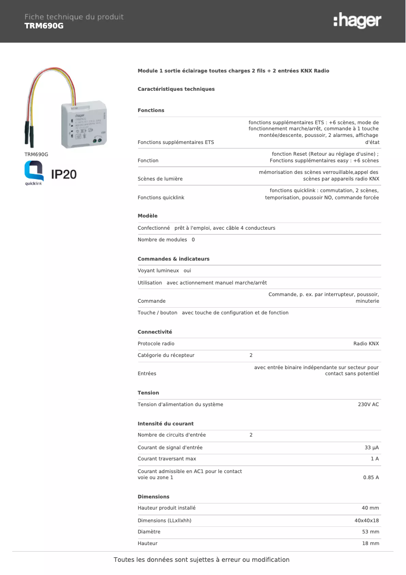 Página 1 del manual Ficha técnica Hager TRM690G