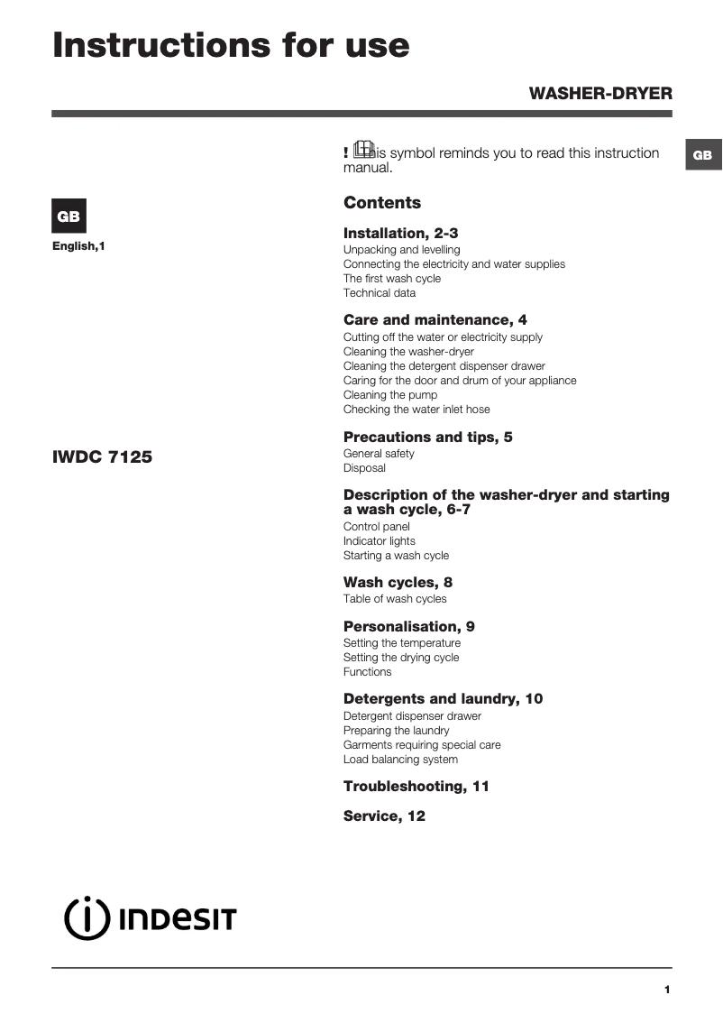 Imagen de la primera página del manual del dispositivo IWDC 7125