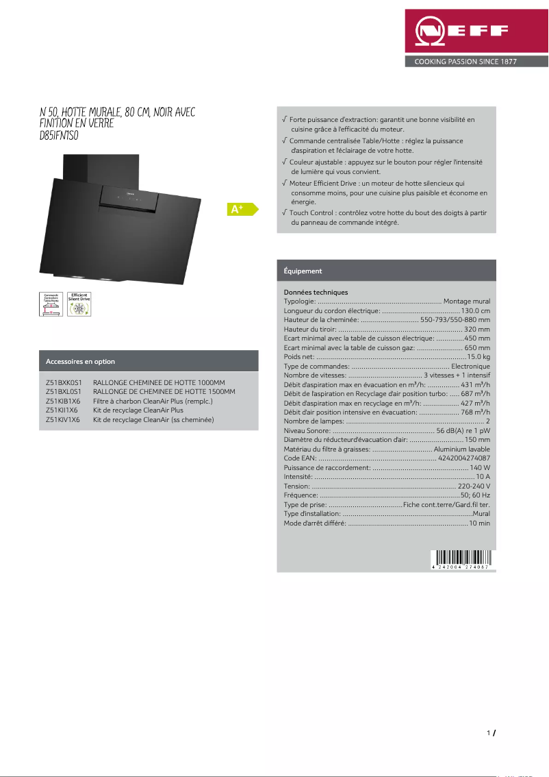 Página 1 del manual Ficha técnica Neff D85IFN1S0