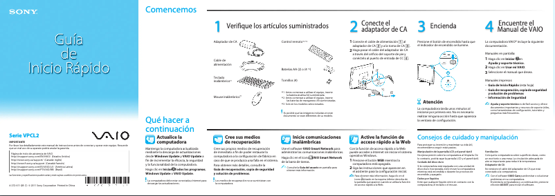 Imagen de la primera página del manual del dispositivo Vaio VPCL21SFX