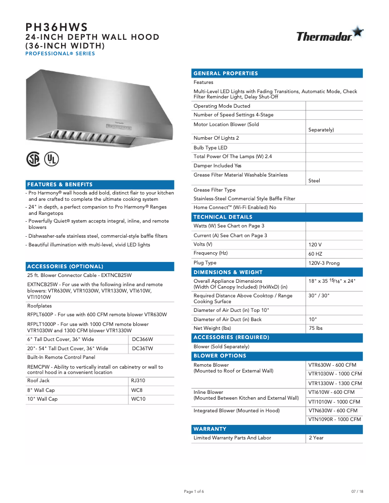 Página 1 del manual Ficha técnica Thermador PH36HWS