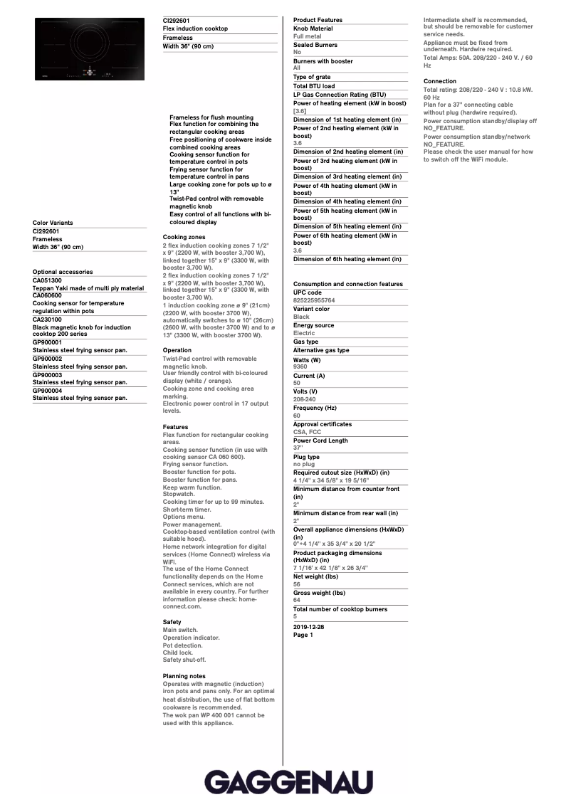 Página 1 del manual Ficha técnica Gaggenau CI292601