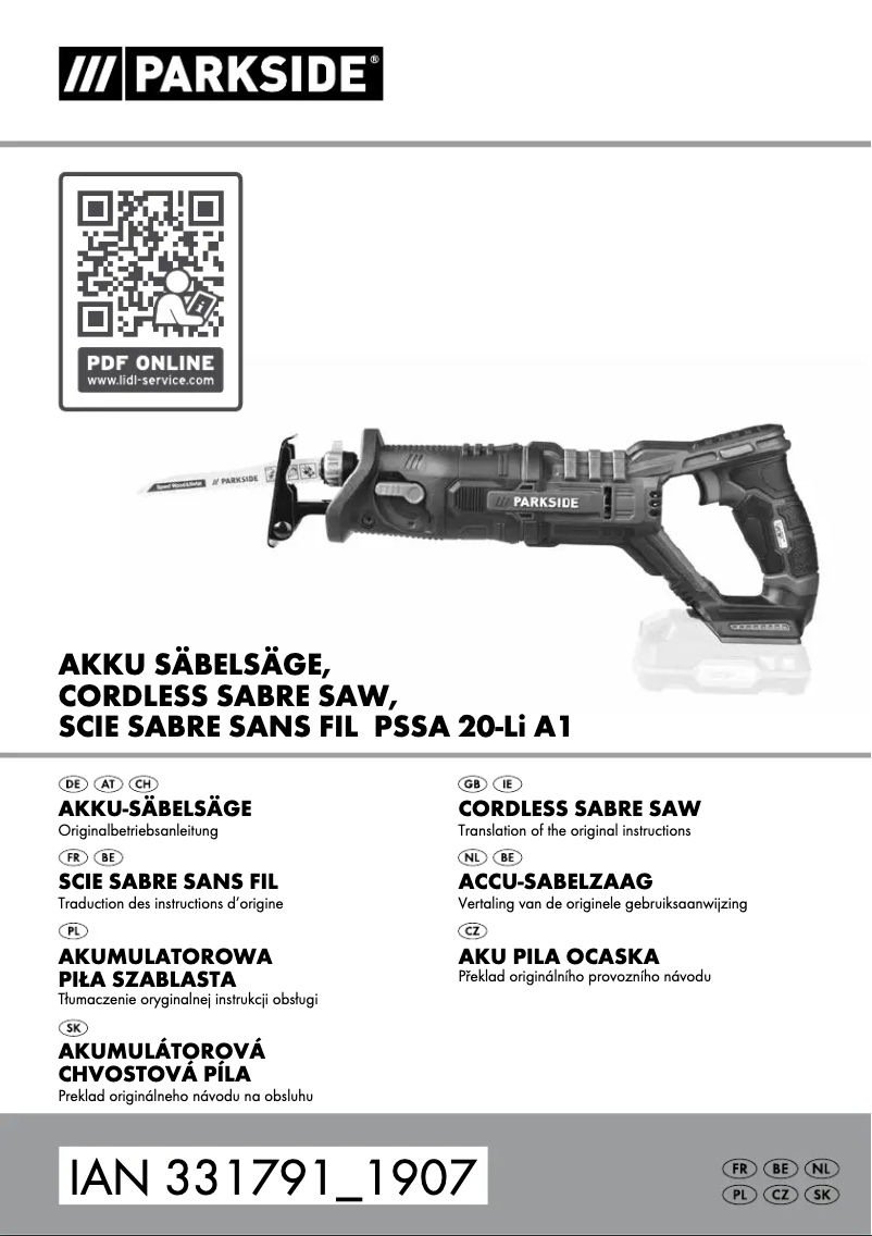 Página 1 del manual Manual de usuario Parkside PSSA 20-Li A1