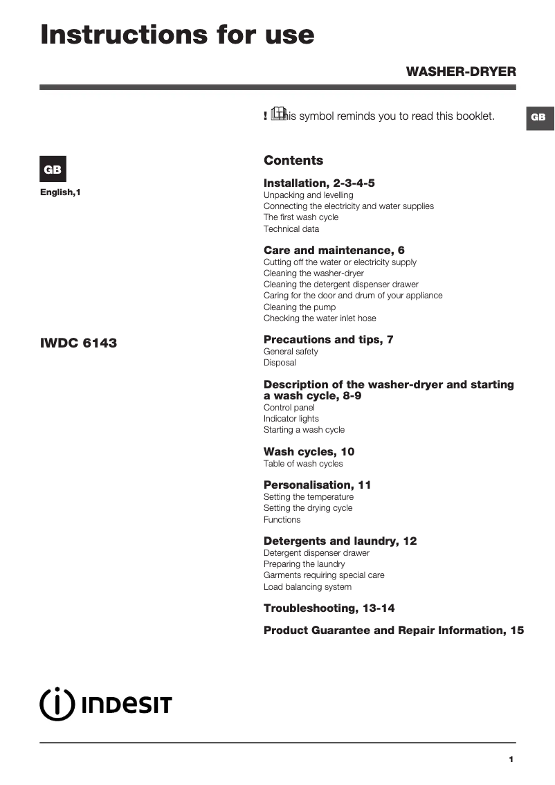 Imagen de la primera página del manual del dispositivo IWDC 6143 (UK)