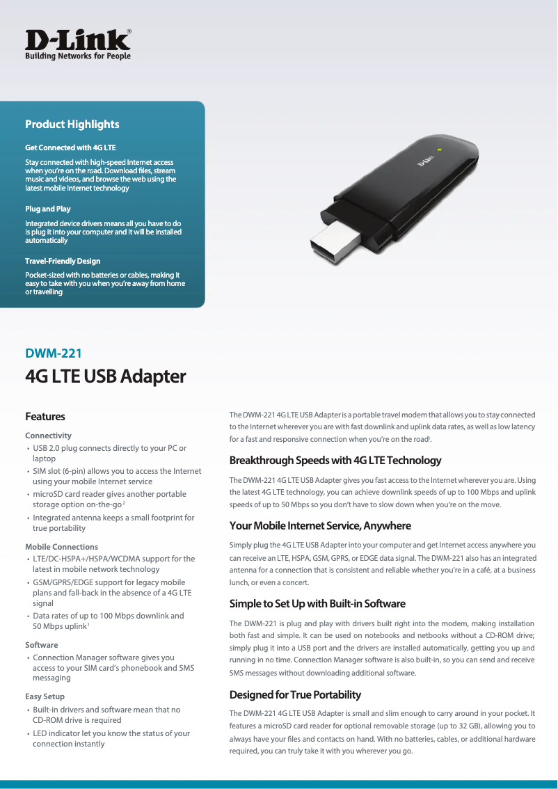 Página 1 del manual Ficha técnica D-Link DWM-221