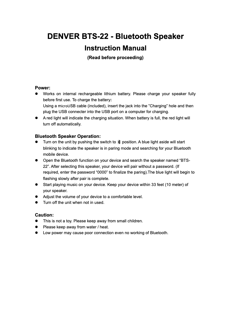 Página 1 del manual Manual de usuario Denver BTS-22C