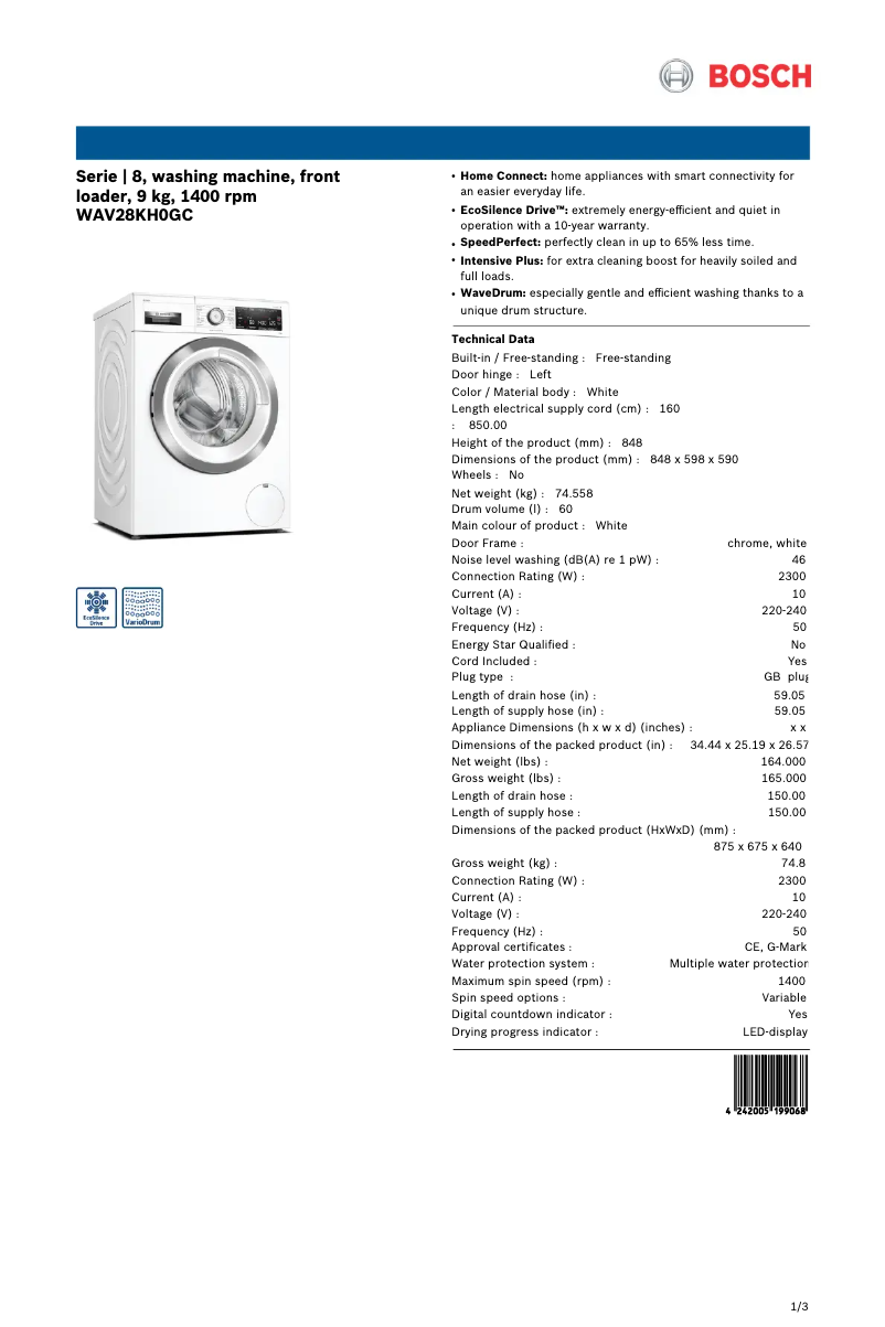 Página 1 del manual Ficha técnica Bosch WAV28KH0GC