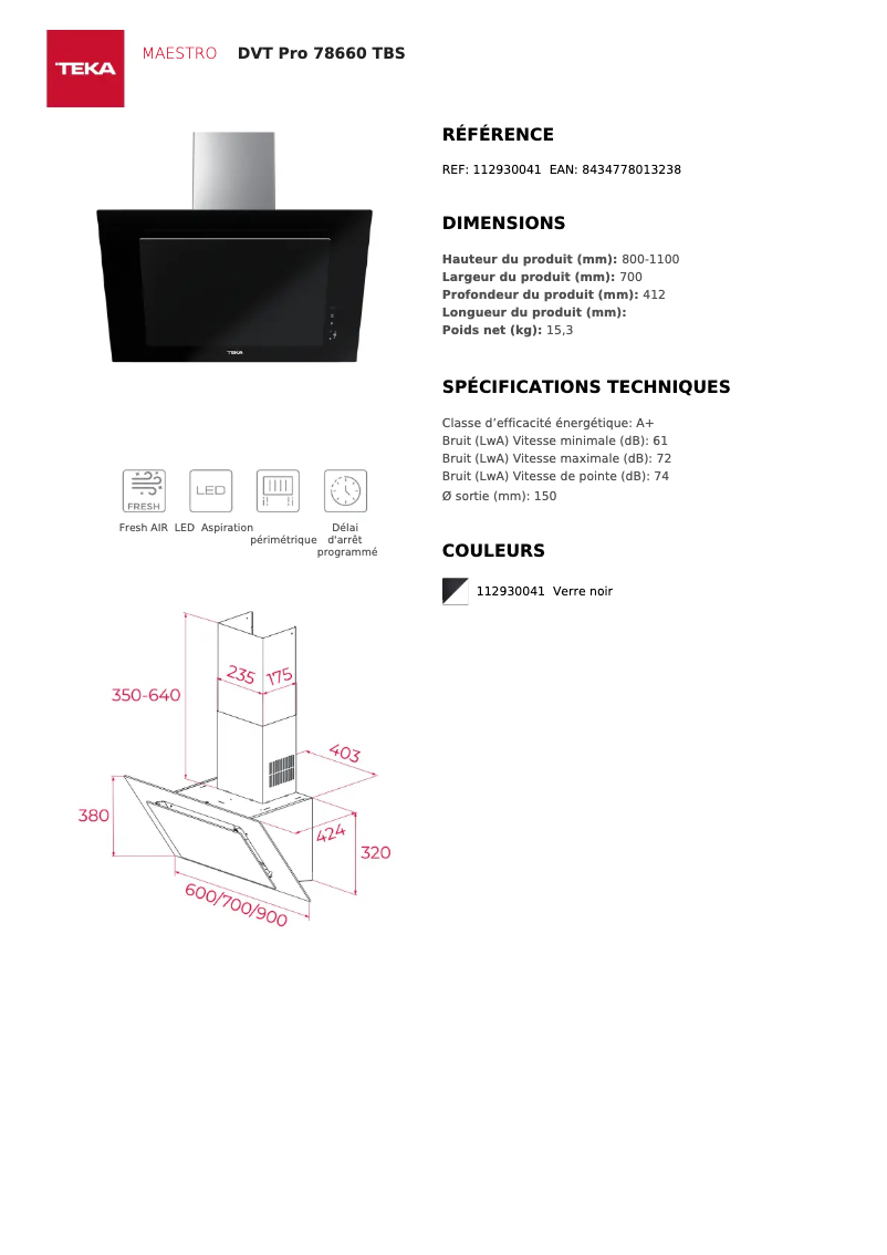 Página 1 del manual Ficha técnica Teka DVT 685
