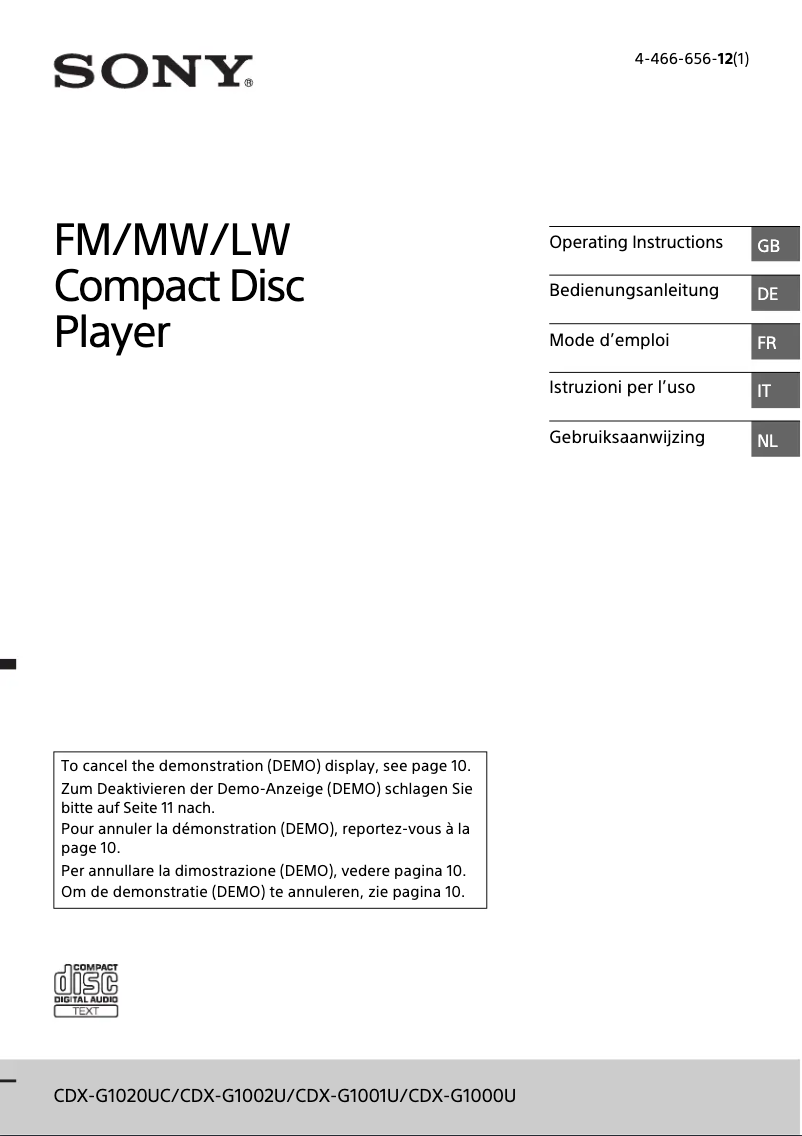 Imagen de la primera página del manual del dispositivo CDX-G1020UC