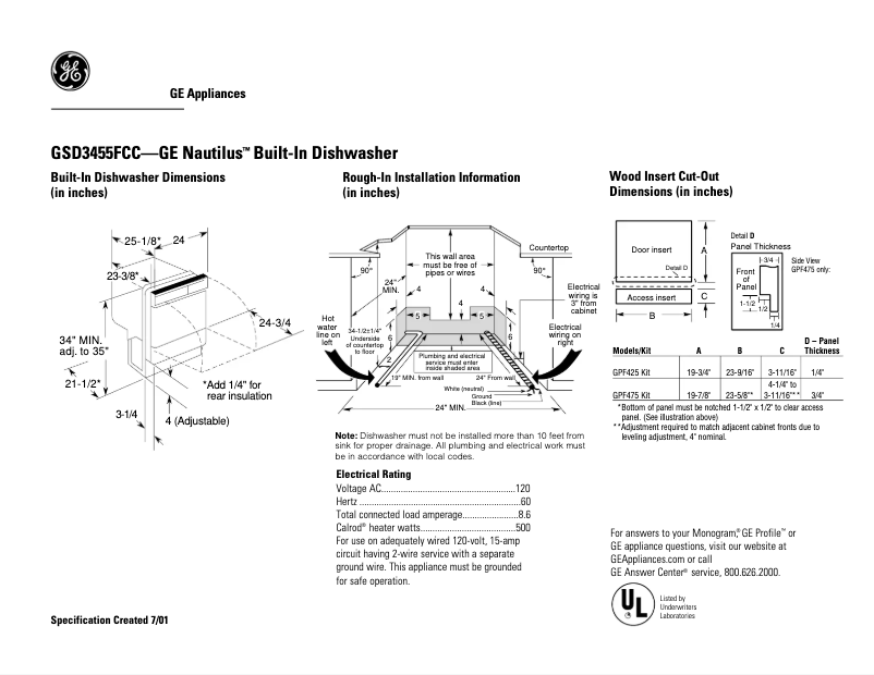 Página 1 del manual Ficha técnica GE GSD3455FCC