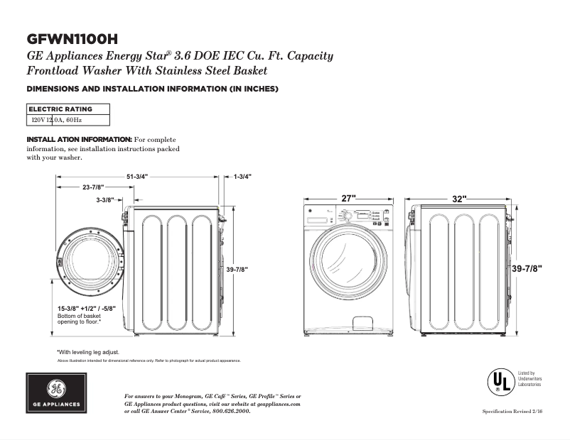 Página 1 del manual Ficha técnica GE GFWN1100HWW