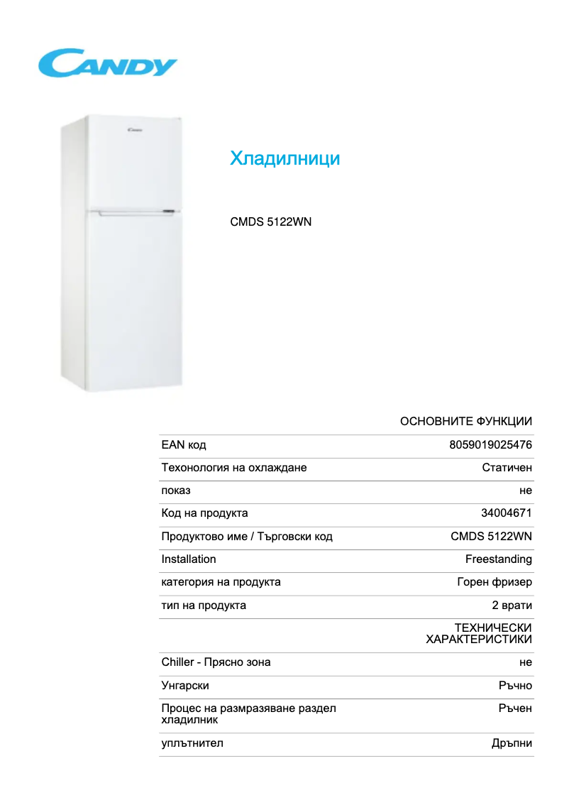Página 1 del manual Ficha técnica Candy CMDS 5122WN