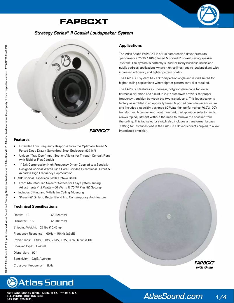 Página 1 del manual Folleto Atlas Sound FAP8CXT