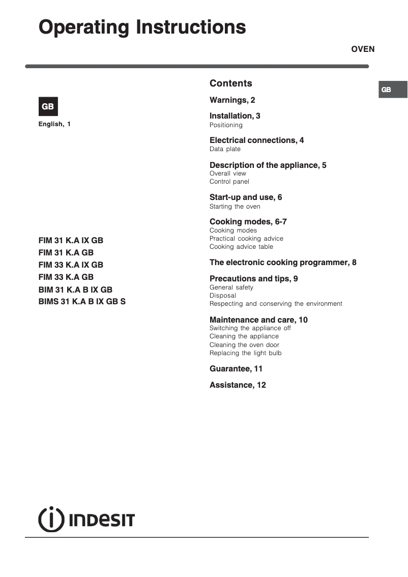 Página 1 del manual Instrucciones / montaje Indesit FIM 31 K.A (WH) GB
