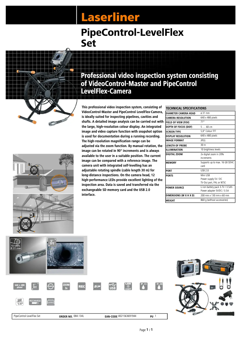 Página 1 del manual Ficha técnica Laserliner PipeControl-LevelFlex Set