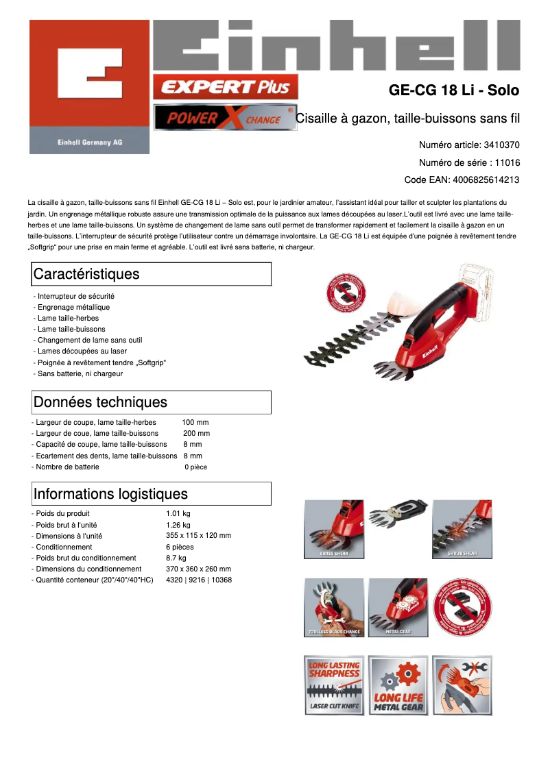 Página nº 1 - Ficha técnica Einhell GE-CG 18 Li-Solo