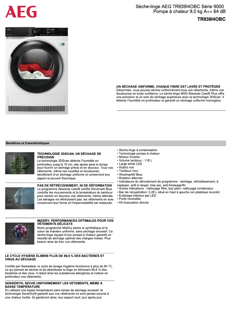 Página 1 del manual Ficha técnica AEG TR939I4OBC