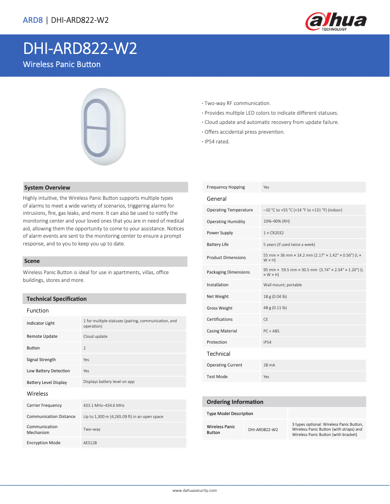 Página 1 del manual Ficha técnica Dahua Technology ARD822-W2