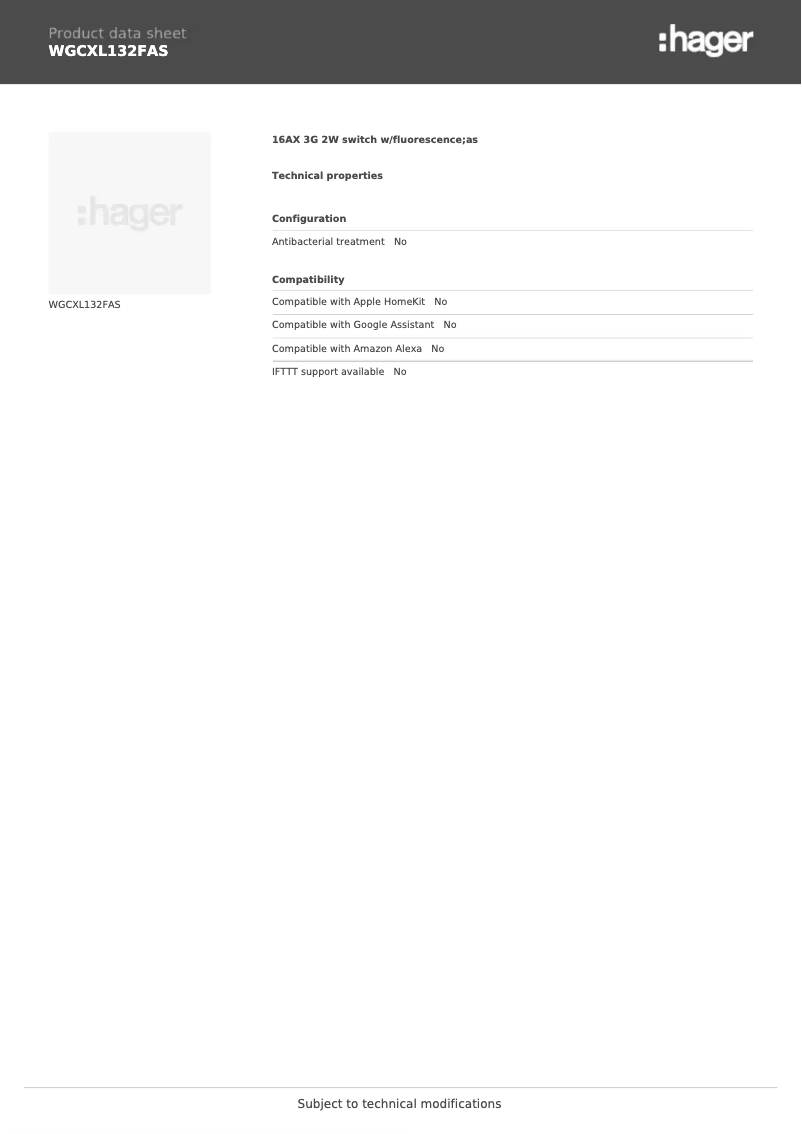 Página 1 del manual Ficha técnica Hager WGCXL132FAS