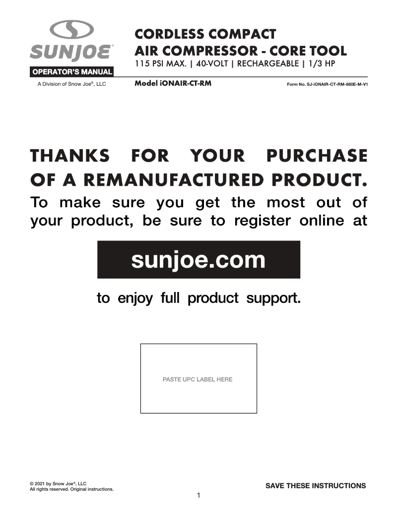 Página 1 del manual Manual de usuario Sun Joe IONAIR-CT-RM