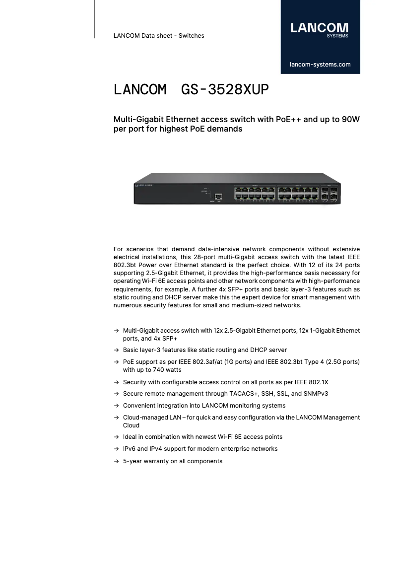 Página 1 del manual Ficha técnica Lancom GS-3528XUP