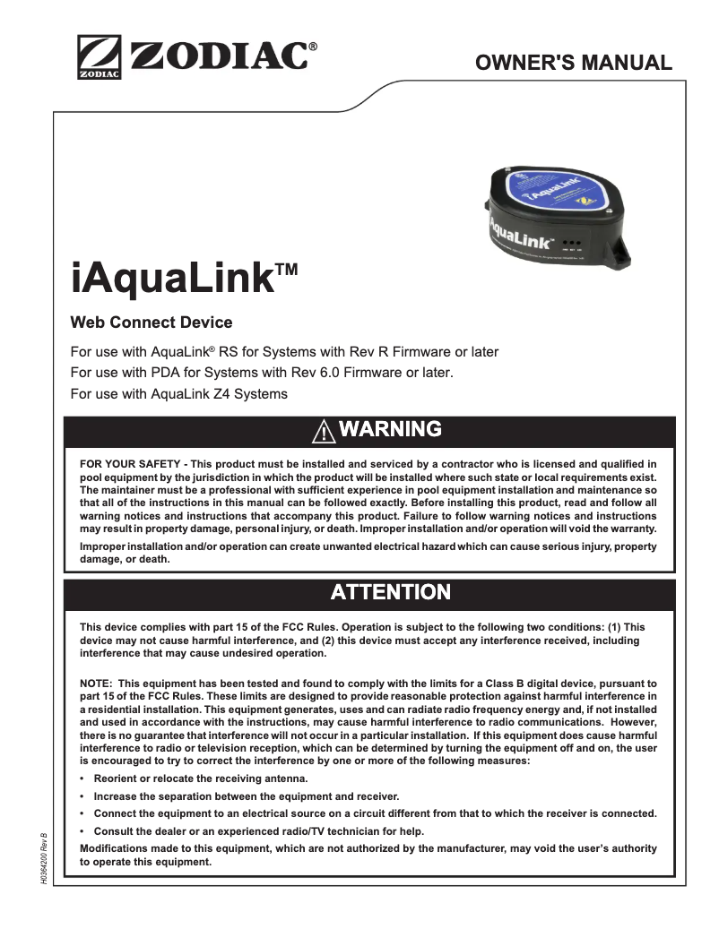 Imagen de la primera página del manual del dispositivo IAquaLink 2.0