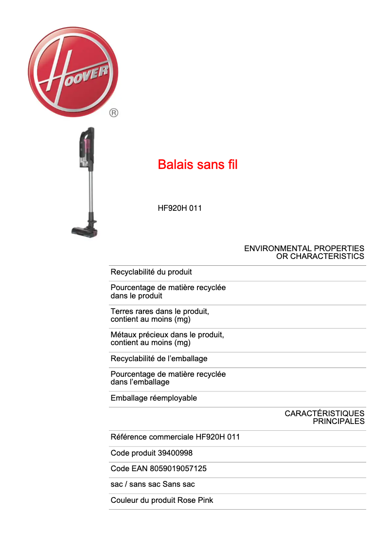 Página 1 del manual Ficha técnica Hoover HF920H 011