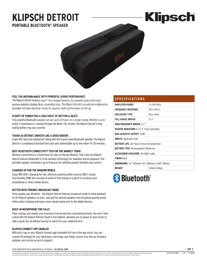 Página 1 del manual Ficha técnica Klipsch Detroit