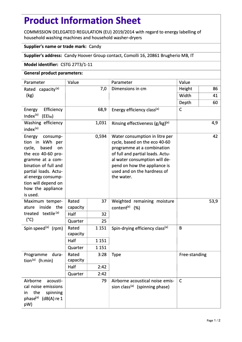 Página 1 del manual Ficha técnica Candy CSTG 27T3/1-11