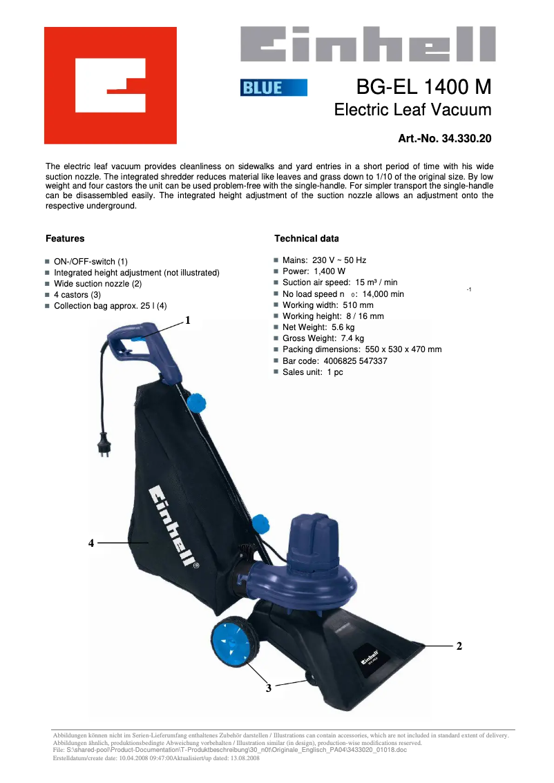 Página 1 del manual Manual de usuario Einhell BG-EL 1400 M