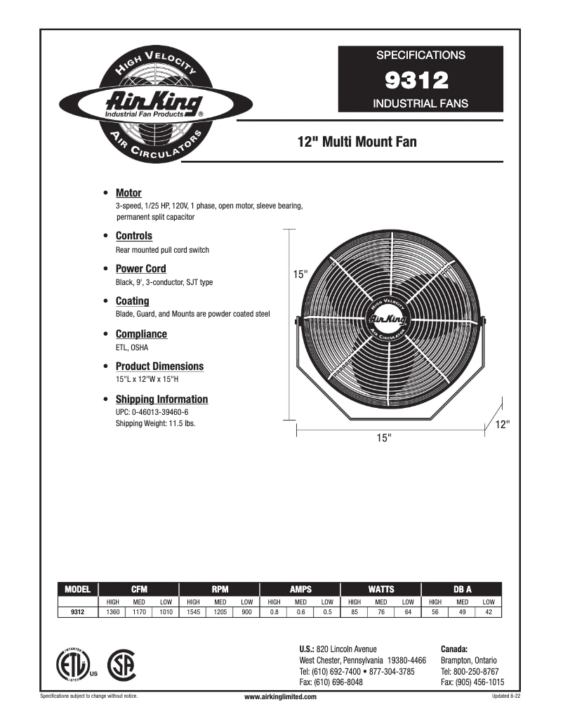 Página nº 1 - Ficha técnica Air King 9312