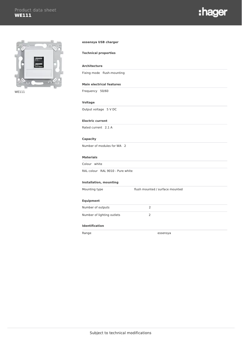 Página 1 del manual Ficha técnica Hager WE111