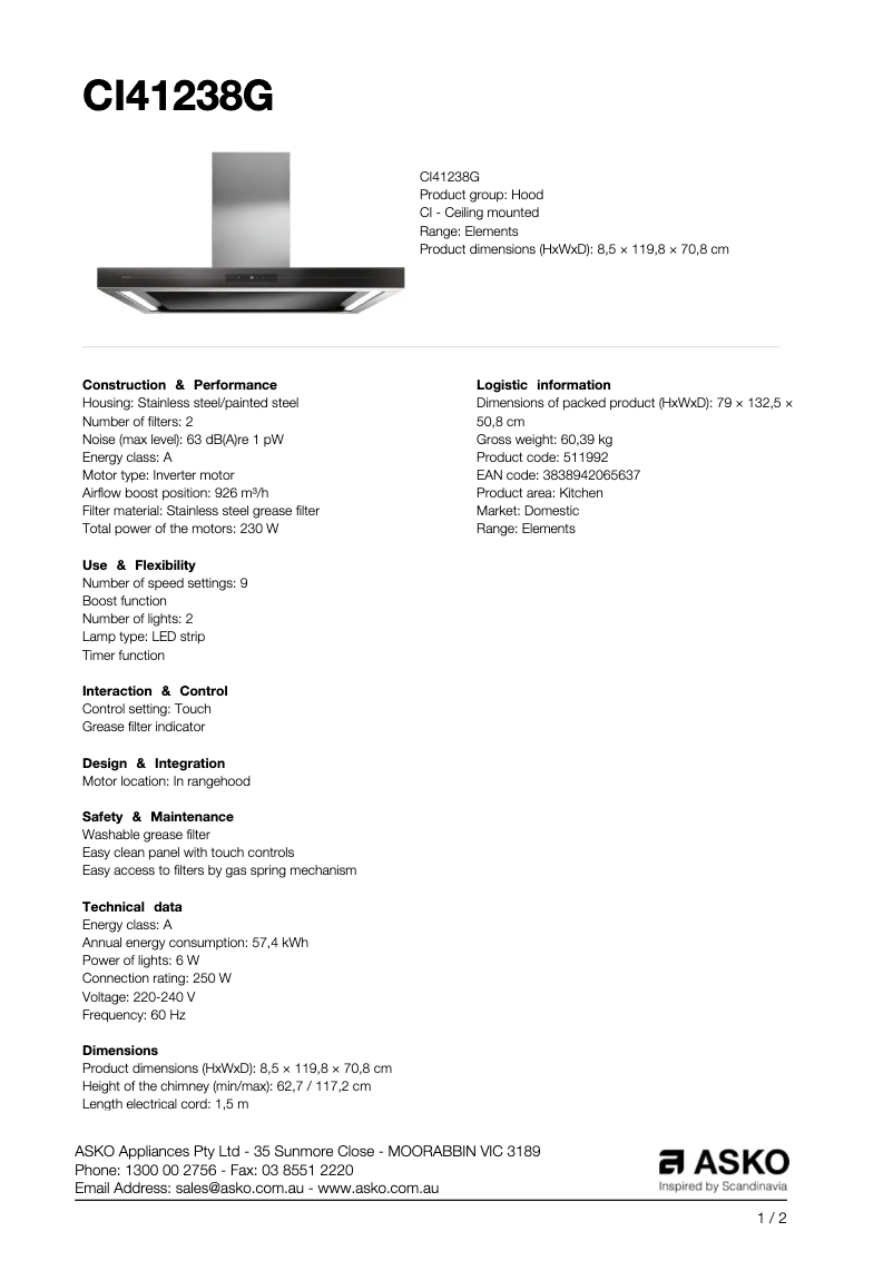 Página 1 del manual Ficha técnica Asko CI41238G