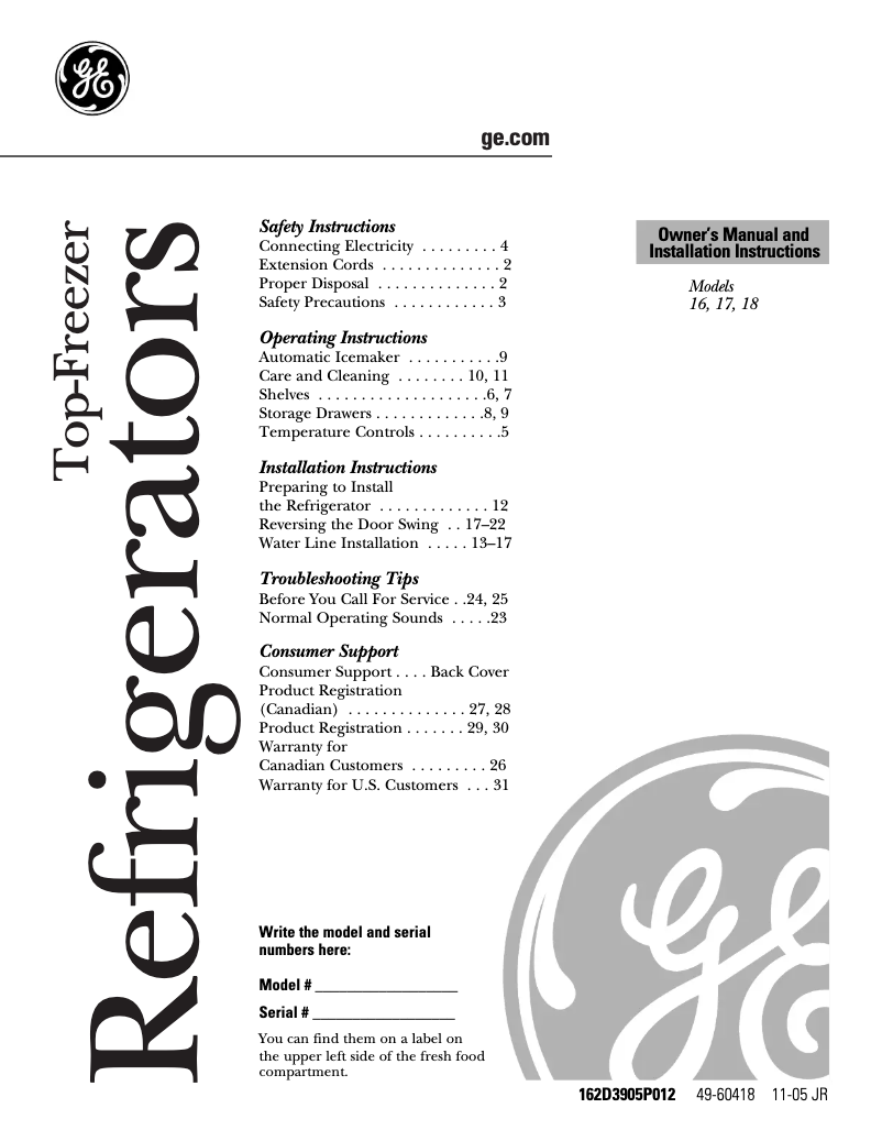 Página 1 del manual Manual de uso y mantenimiento GE GTR18BBRWW