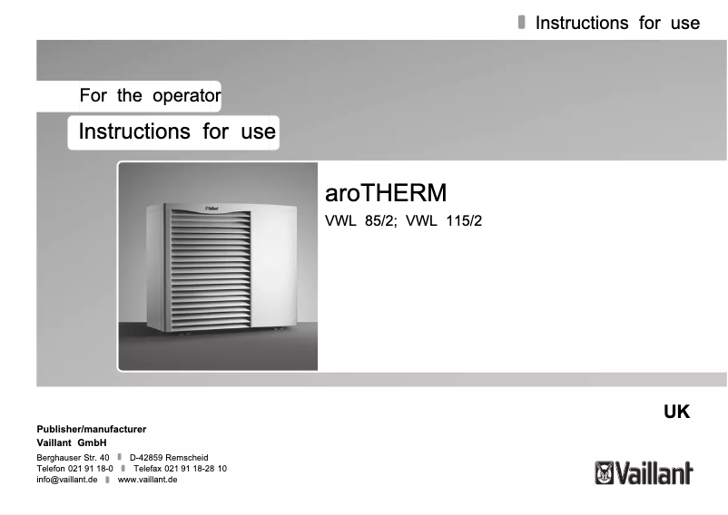 Imagen de la primera página del manual del dispositivo AroTHERM VWL 115/2